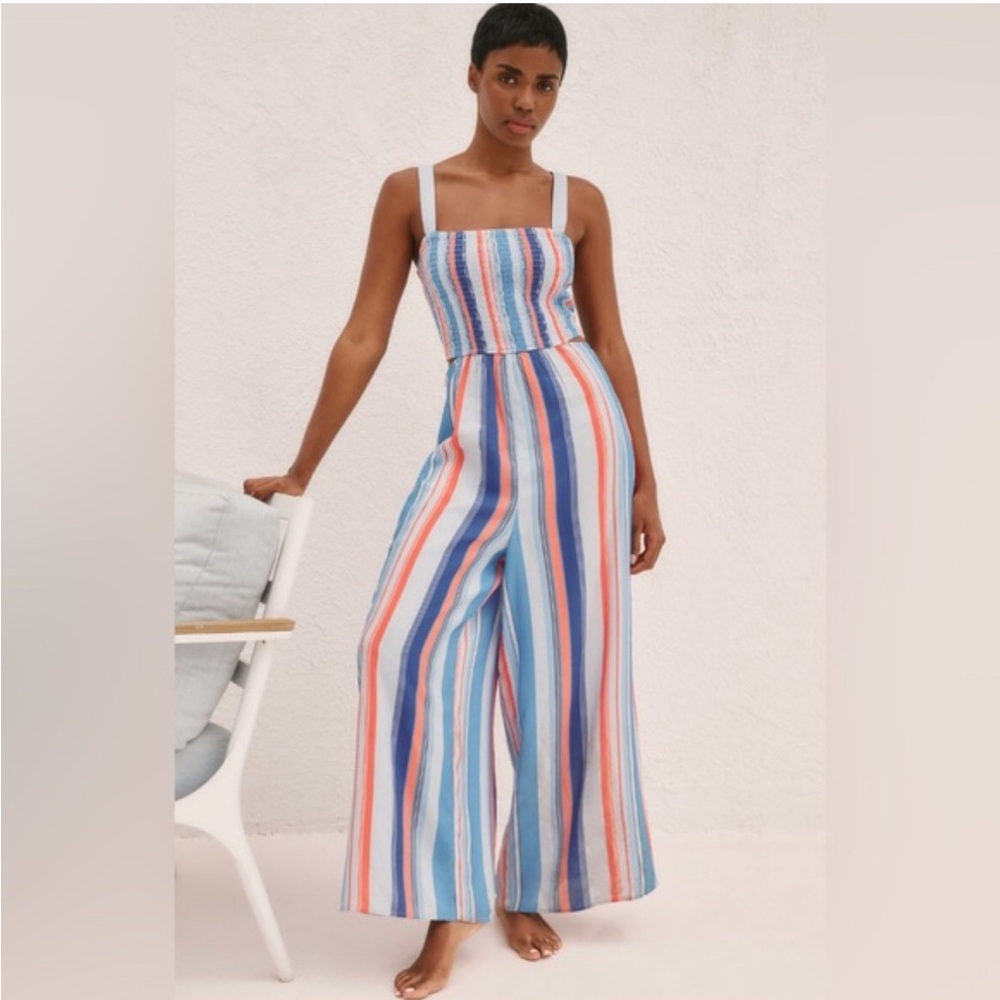 Anthropologie The Piper Bandeau Wedgewood Blue/Orange Striped Jumpsuit LP NWT